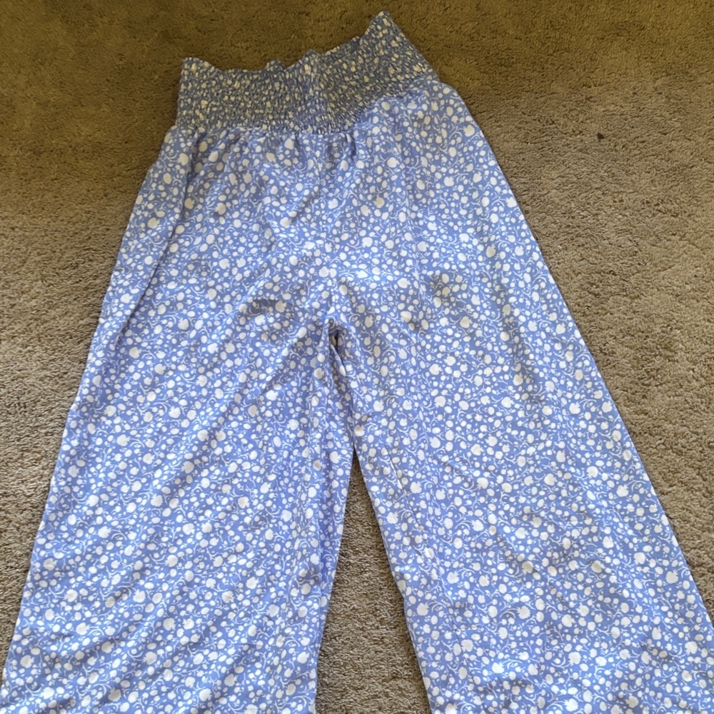 Sienna Sky Blue and White Smocked Fabric Wide Leg Pants